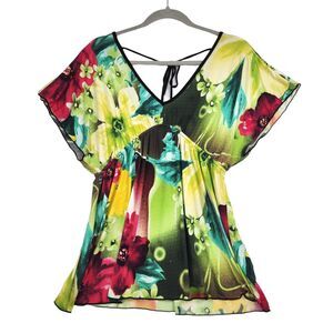 Sushi Flower Womens Blouse Top Large Floral Artsy Colorful Whimsical